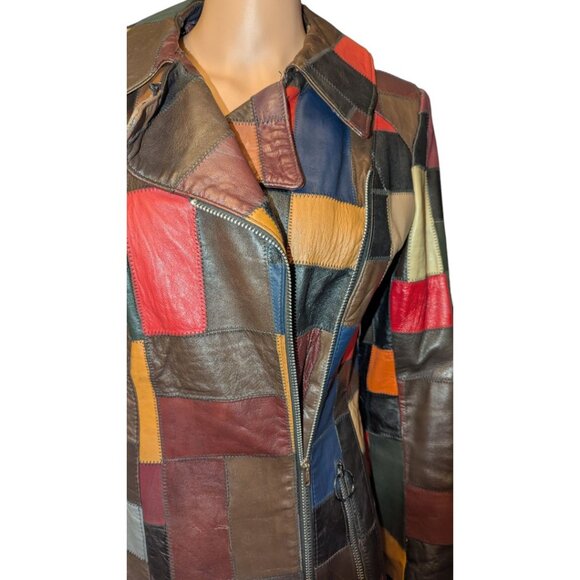 La Vogue Patchwork Leather Jacket Vintage Women Size 10 Multi-Colored 3/4 Length - Picture 8 of 10